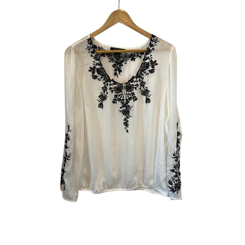 WHITE HOUSE BLACK MARKET Top Women’s 14 Boho White Embroidered Shirt